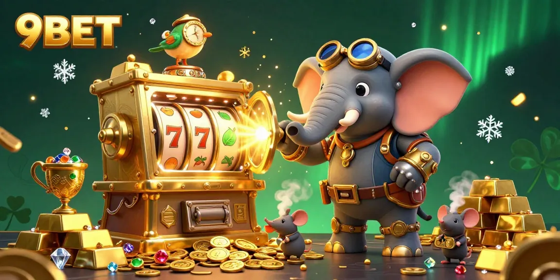 Spin the reels with 9BET's vibrant steampunk-inspired casino slot machine illustration.