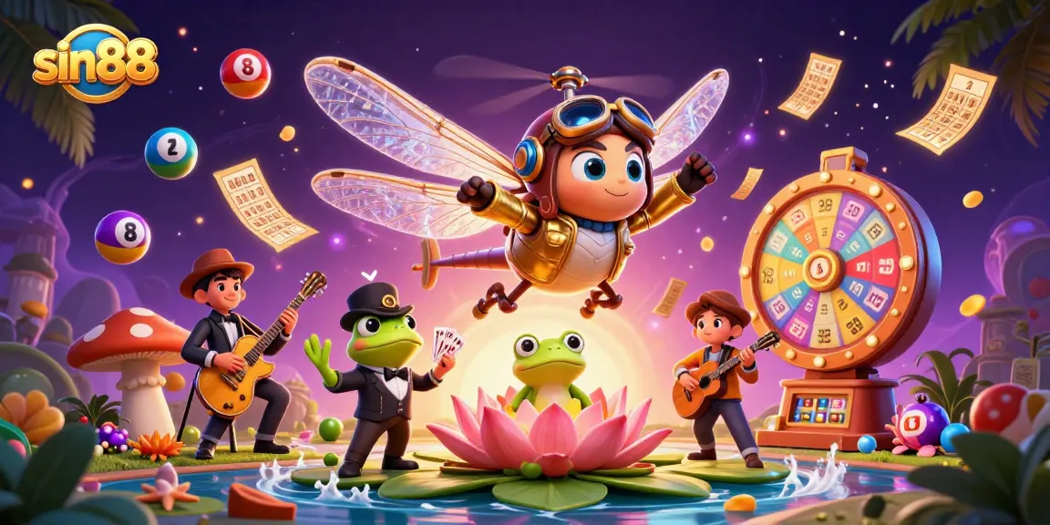 Experience thrilling gameplay with sin88 at a vibrant casino featuring a dragonfly pilot and frog croupier.