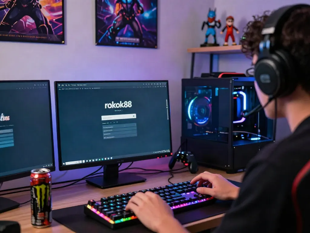 Player engaged in rokok88 login on a laptop in a vibrant gaming setup.