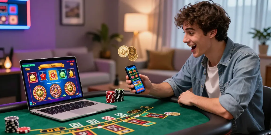 Giocatore impegnato con casinò online non AAMS su un laptop, che mostra grafiche di gioco colorate e un ambiente domestico moderno.