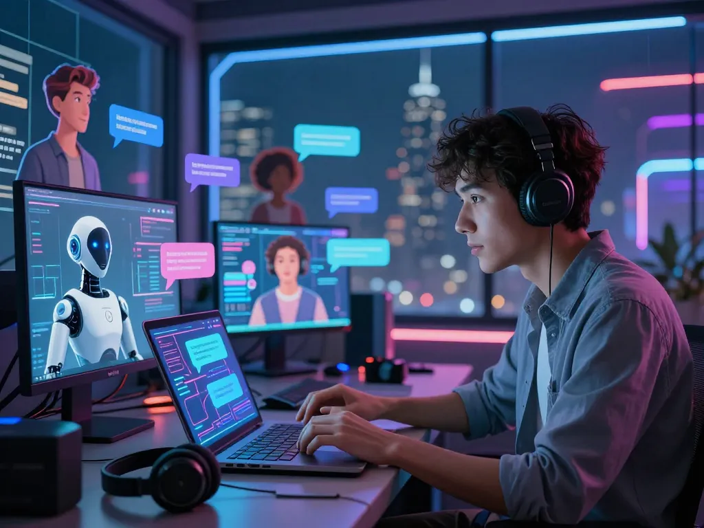 Engaging sex ai chat scene with a user interacting with a futuristic chatbot, showcasing neon interface.