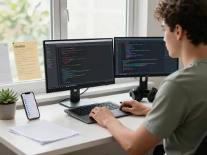 Developer using Clawdbot AI on Mac in a modern workspace with programming tools.