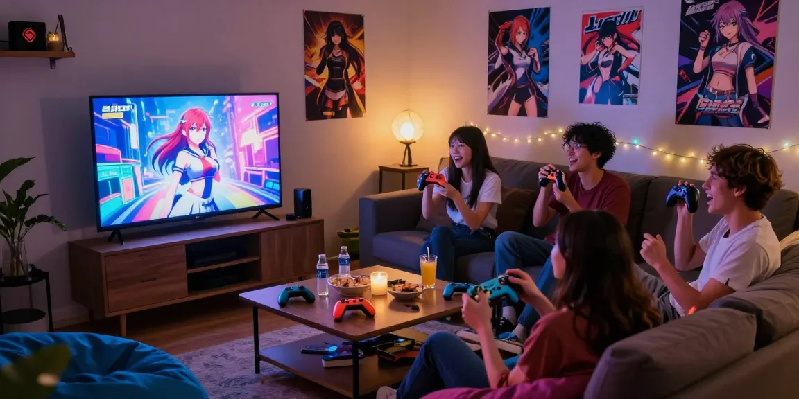 Group of friends enjoying free hentai games night in a cozy living room.