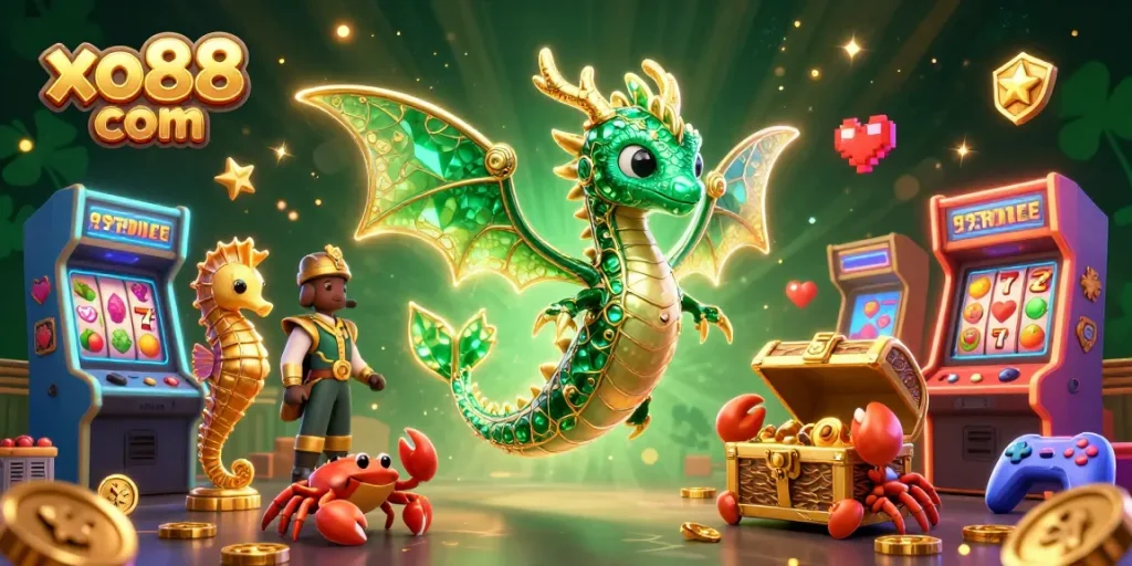 Playing at xo88 com features a dazzling sea dragon and vibrant slot games, creating an exciting gaming experience.