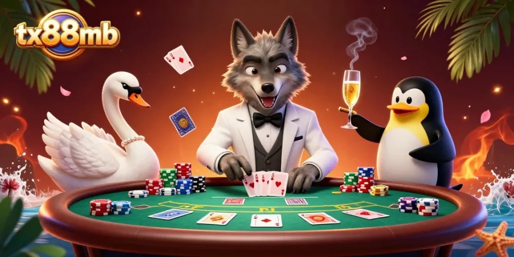 Experience thrilling games at tx88mb with a vibrant baccarat scene featuring animated characters.