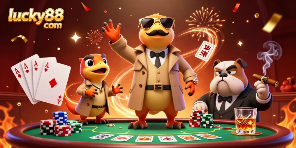 Experience the thrill of lucky88 com with raptors in a trench coat at a VIP casino lounge.