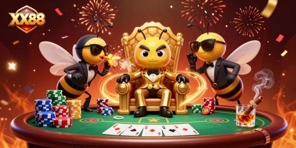 Experience the thrill at XX88 with a lively poker scene featuring vibrant characters and dynamic action.